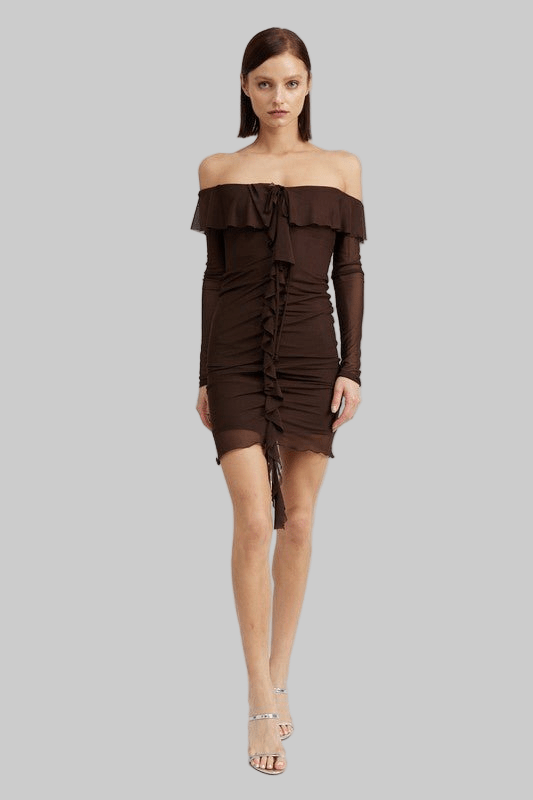 OFF SHOULDER MINI DRESS WITH RUFFLE DETAIL - Robbi & Angel