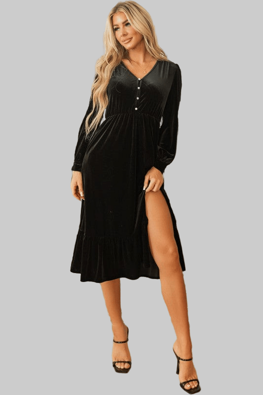 Olivia Velvet Buttoned Puff Sleeve V Neck Split Midi Dress - Robbi & Angel