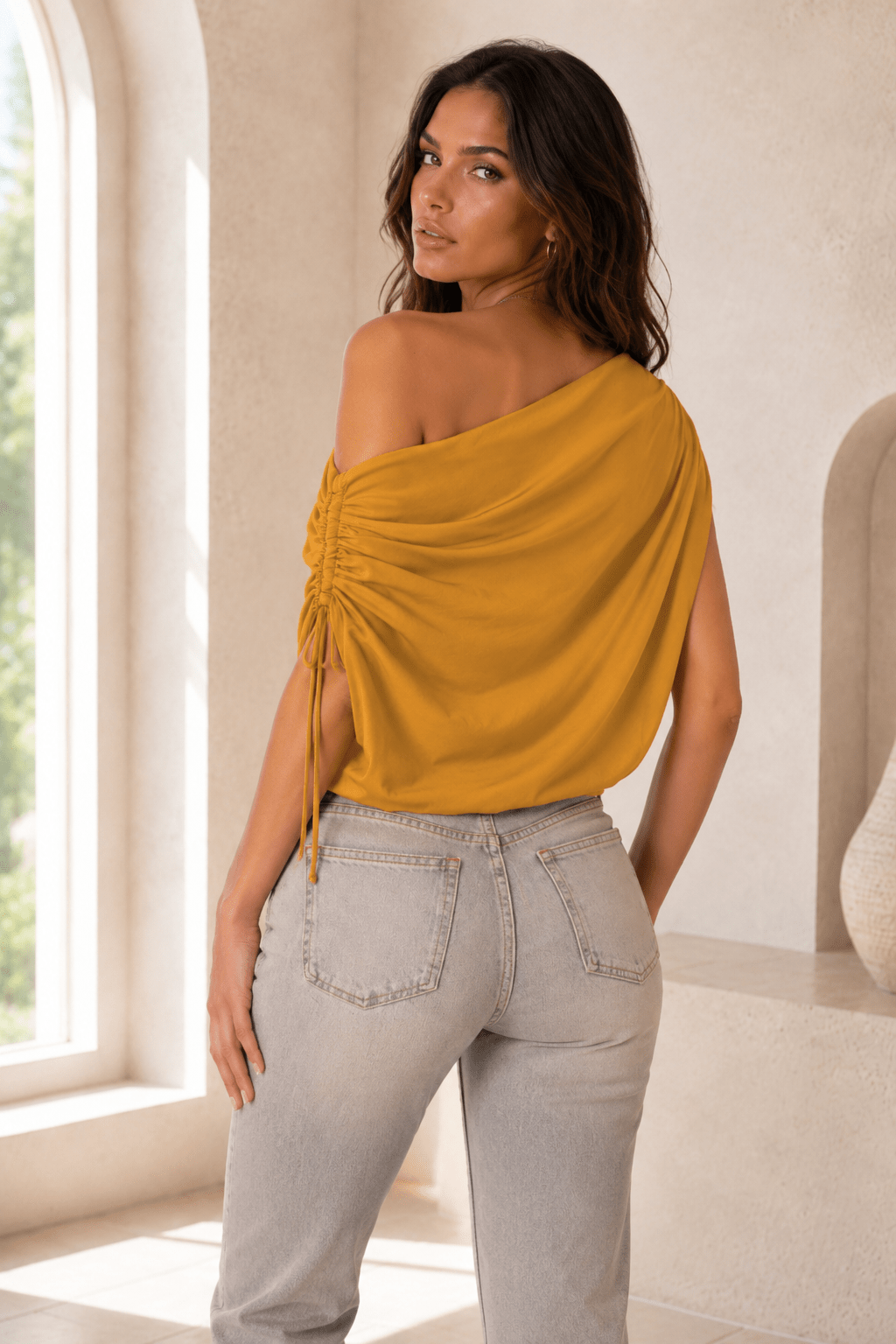 Paula Washed Poly Silk Asymmetrical Drawstring Top - Robbi & Angel