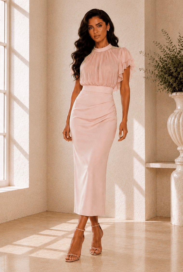 Penelope Pink Mesh Lace-Up Elegant Long Skirt & Top - Robbi & Angel