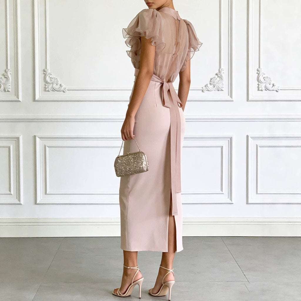 Penelope Pink Mesh Lace-Up Elegant Long Skirt & Top - Robbi & Angel