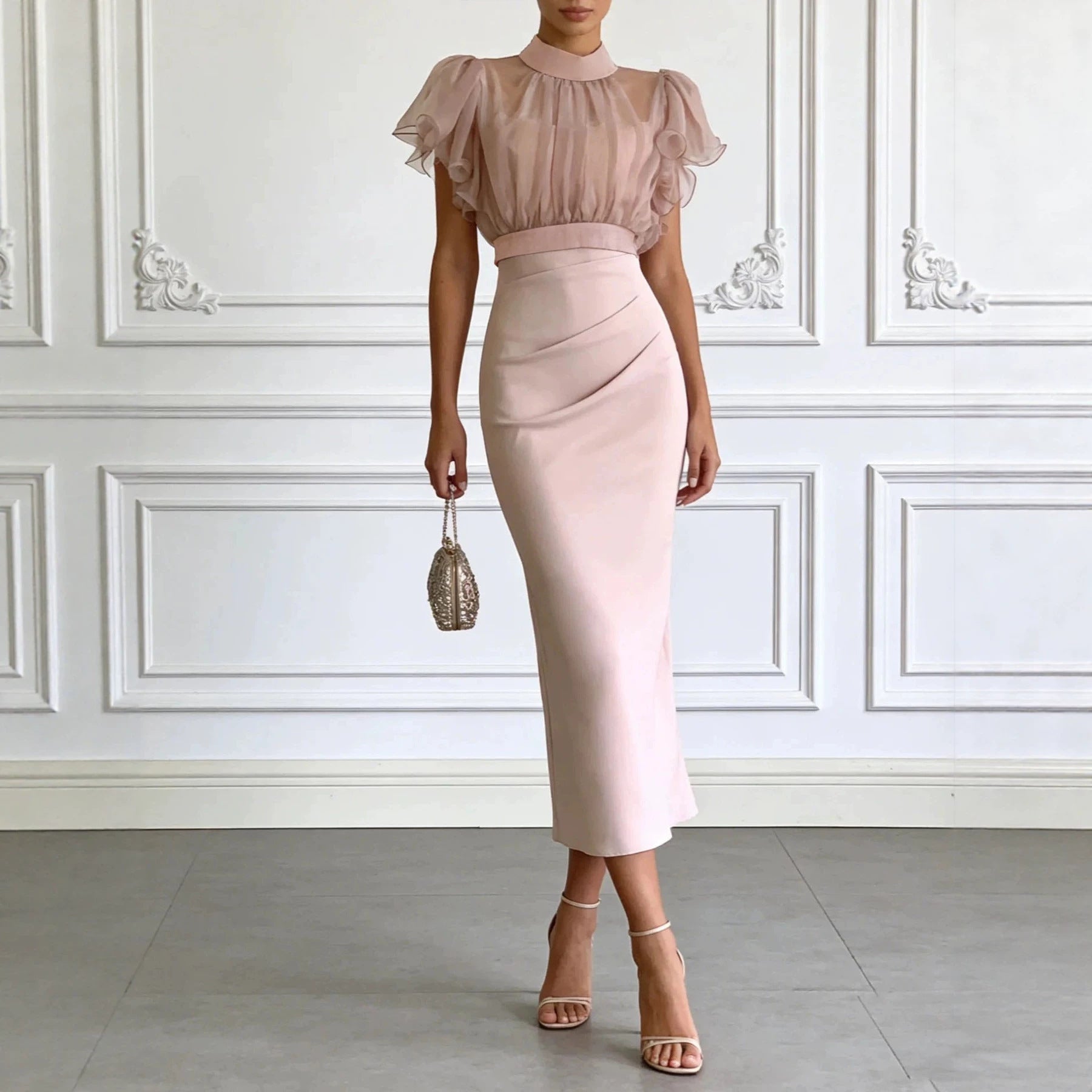 Penelope Pink Mesh Lace-Up Elegant Long Skirt & Top - Robbi & Angel