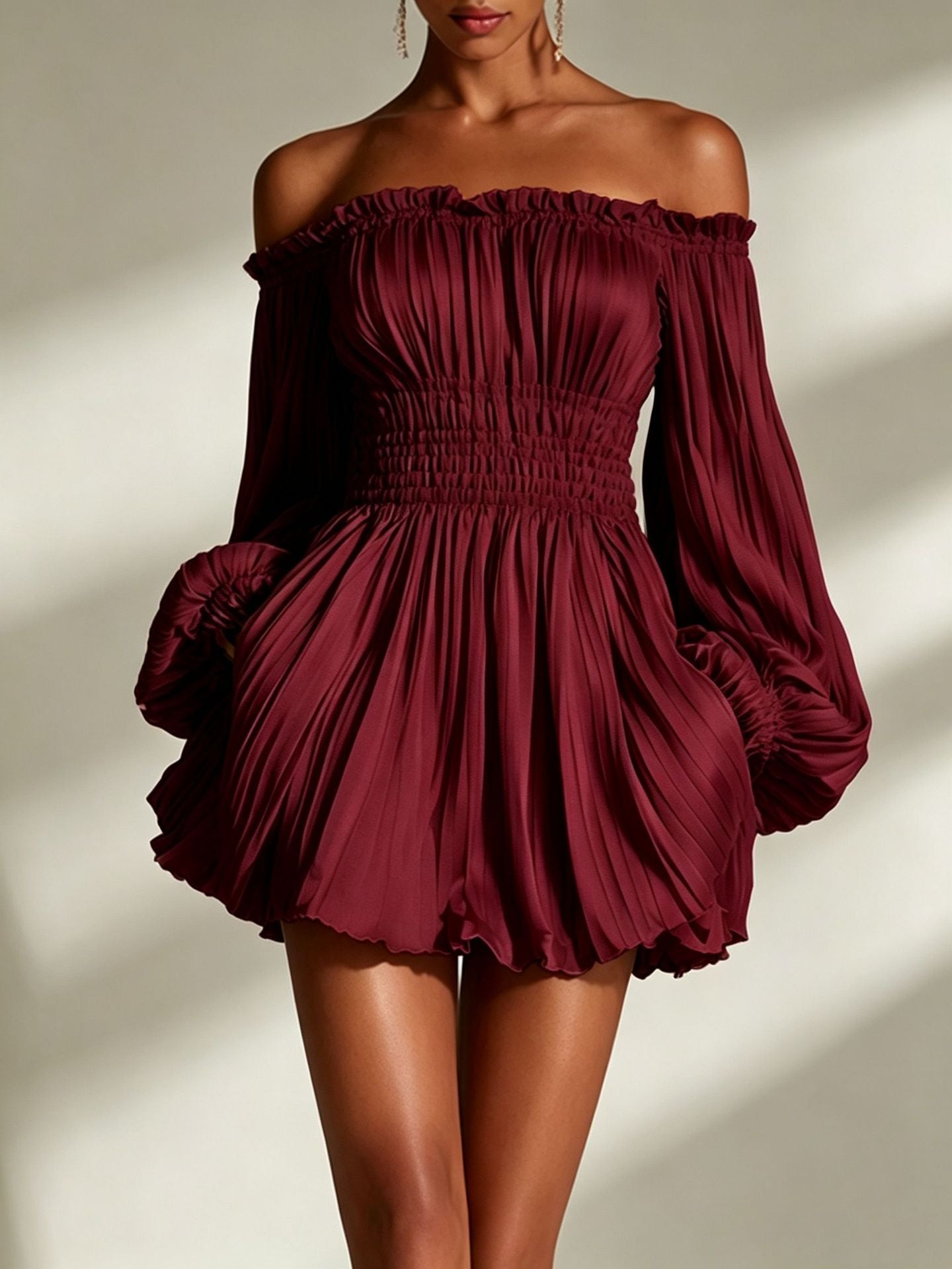Pietra Off-Shoulder Pleated Dress – Smocked Waist & Puff Sleeves - Robbi & Angel