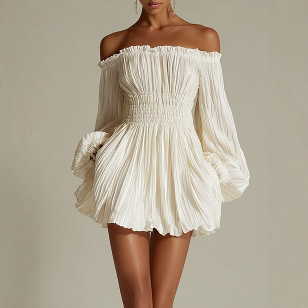 Pietra Off-Shoulder Pleated Dress – Smocked Waist & Puff Sleeves - Robbi & Angel