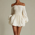 Pietra Off-Shoulder Pleated Dress – Smocked Waist & Puff Sleeves - Robbi & Angel