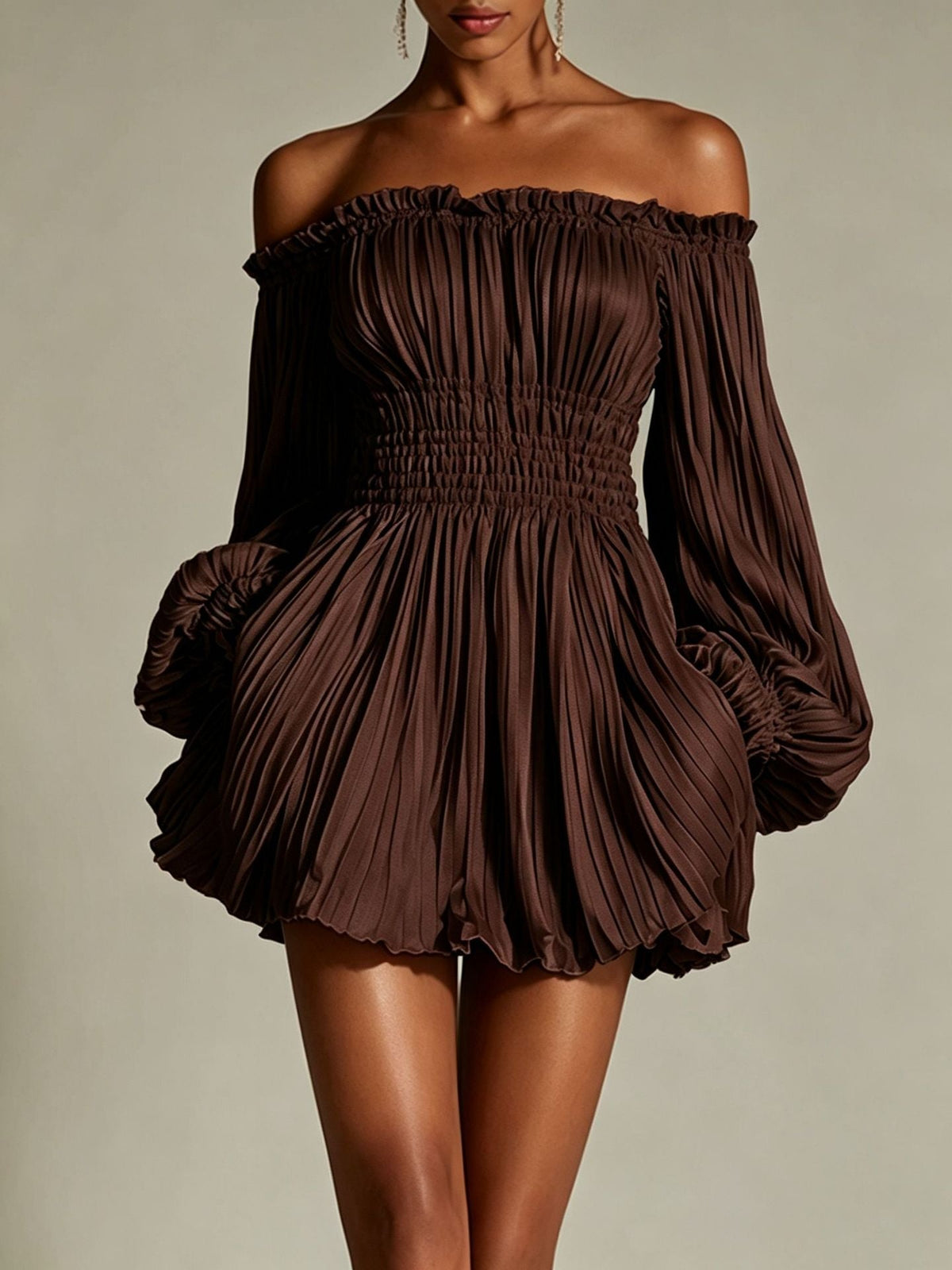 Pietra Off-Shoulder Pleated Dress – Smocked Waist & Puff Sleeves - Robbi & Angel