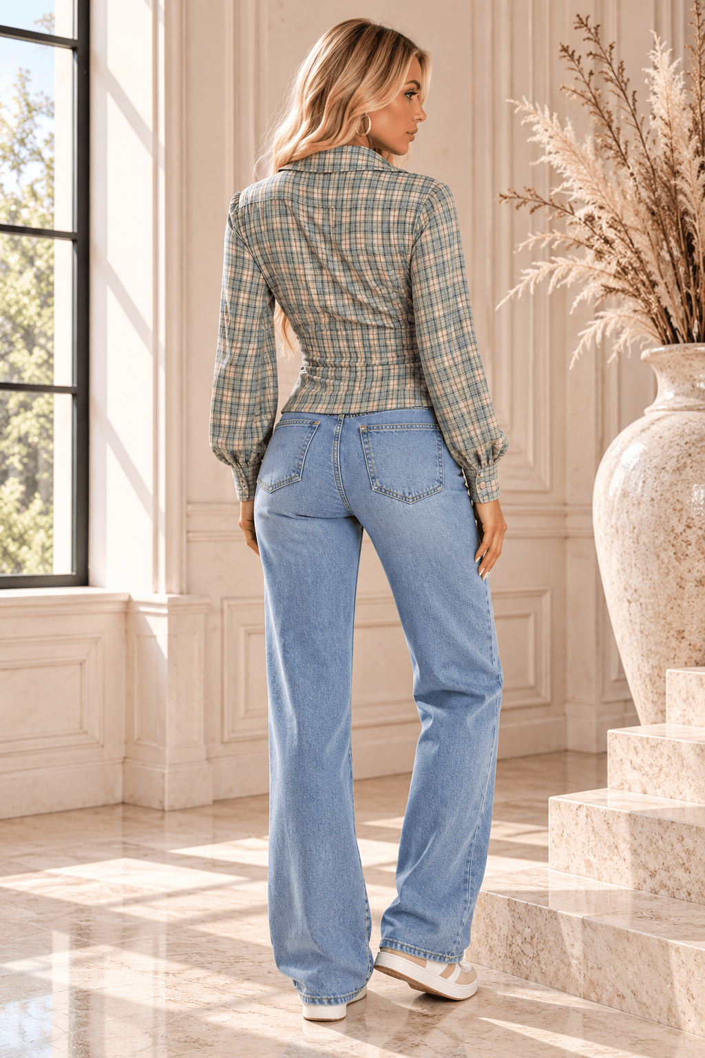 Pietra Plaid Deep V-Neck Long Sleeve Slim Fit Blouse - Robbi & Angel