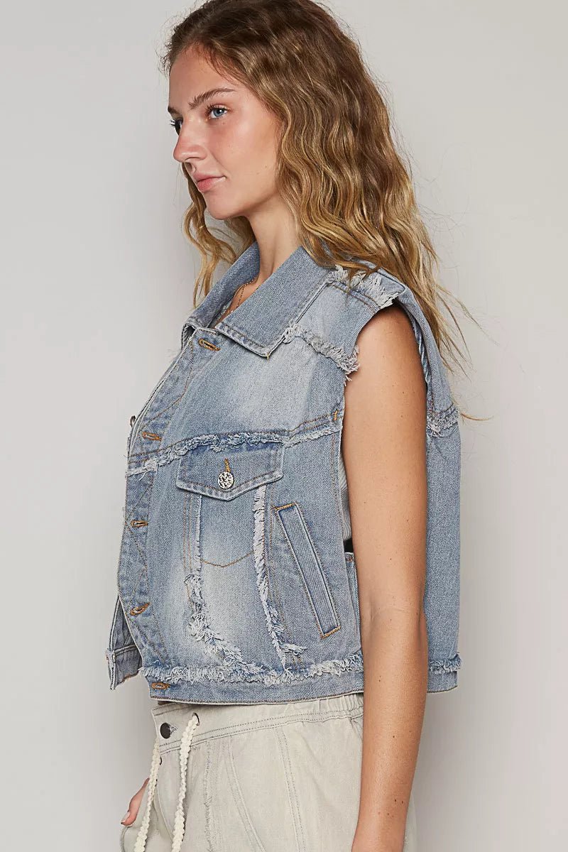 POL Assymetrical Front Closure Raw Hem Denim Vest - Robbi & Angel