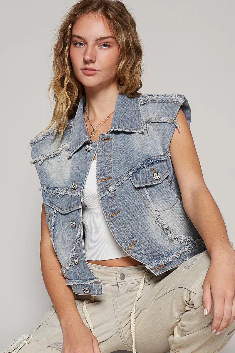 POL Assymetrical Front Closure Raw Hem Denim Vest - Robbi & Angel