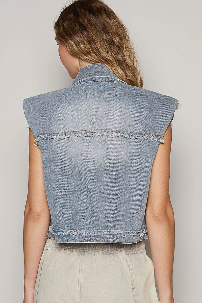 POL Assymetrical Front Closure Raw Hem Denim Vest - Robbi & Angel
