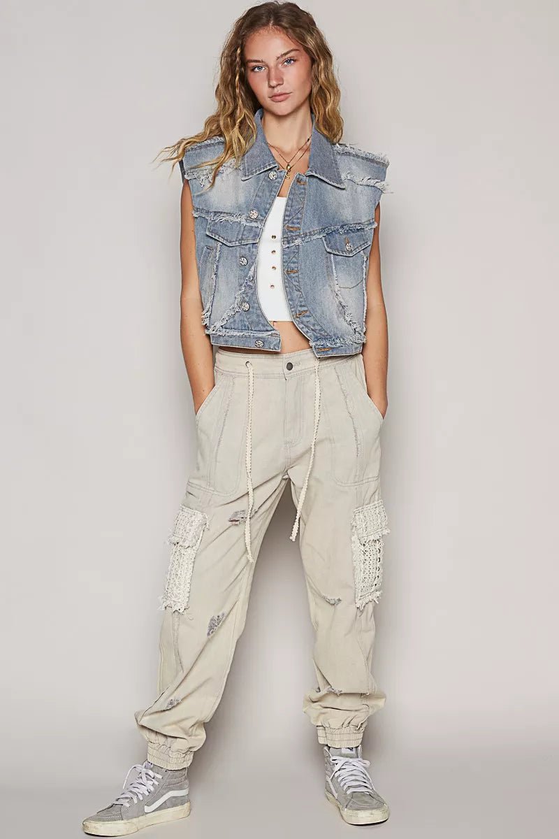POL Assymetrical Front Closure Raw Hem Denim Vest - Robbi & Angel
