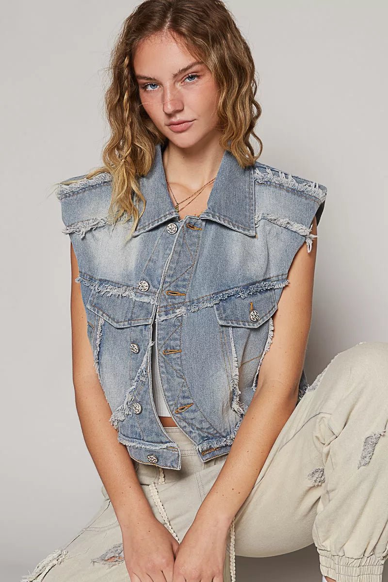 POL Assymetrical Front Closure Raw Hem Denim Vest - Robbi & Angel