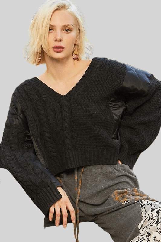 POL Cable Knit Quilting Patch V - Neck Sweater - Robbi & Angel