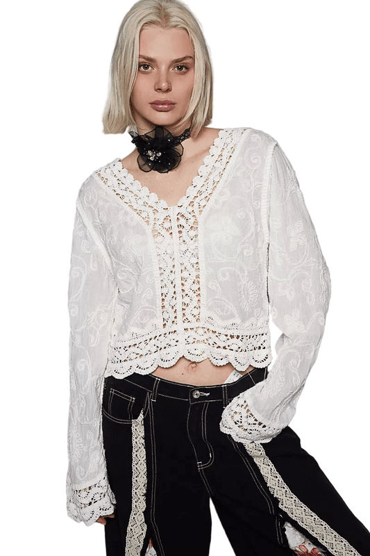 POL Long Sleeve Cropped Crochet Top with Floral Embroidery Detail - Robbi & Angel