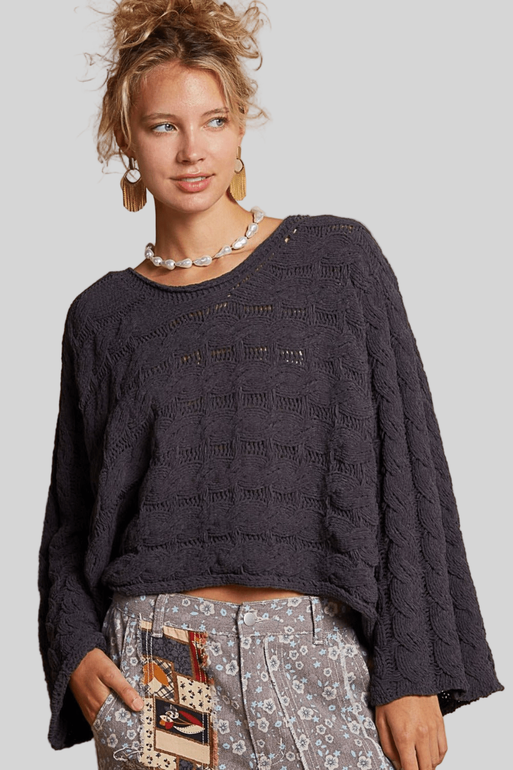 POL Round Neck Cable Knit Cropped Sweater - Robbi & Angel
