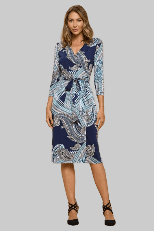 Print V neck Midi Jersey Wrap Dress With Front Tie - Robbi & Angel