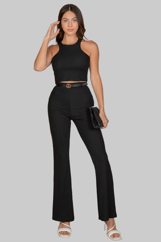 Ribbed Cropped Top and Bootcut Pants Sets - Robbi & Angel
