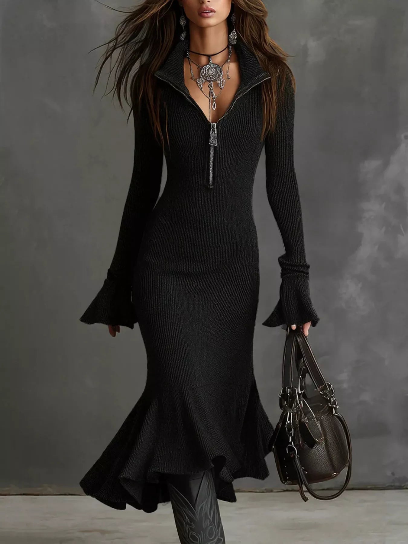 Ribbed Knit Zip Front Flare Hem Midi Dress - Robbi & Angel