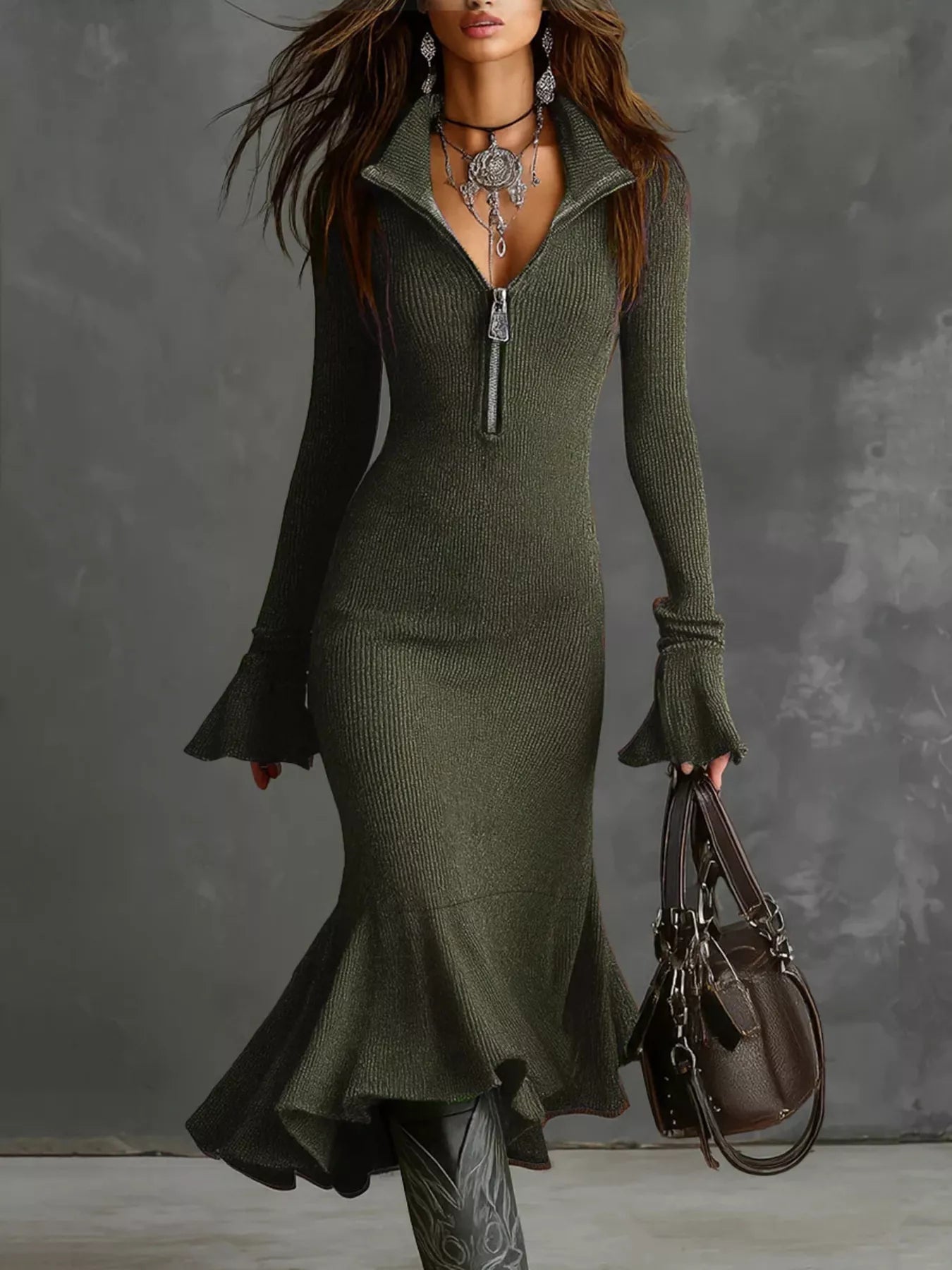 Ribbed Knit Zip Front Flare Hem Midi Dress - Robbi & Angel