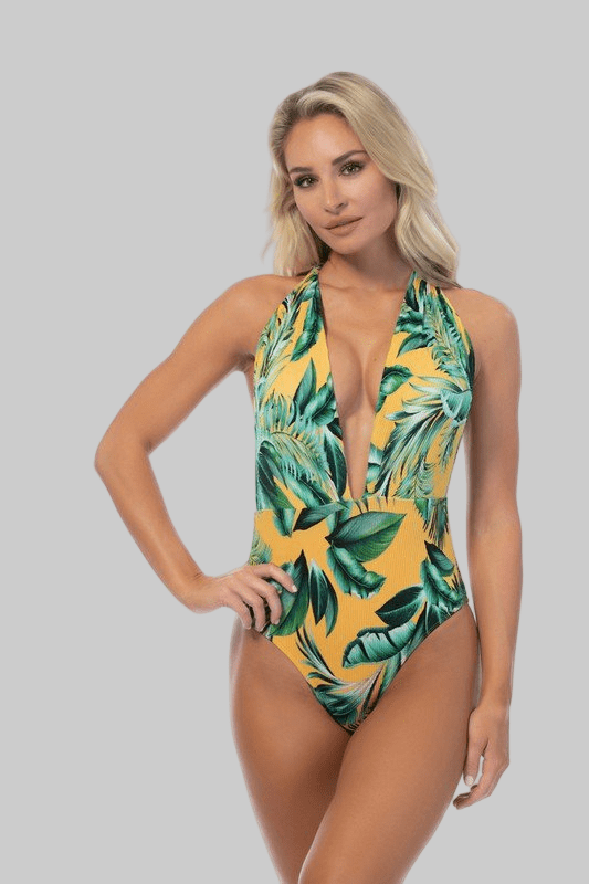 RIBBED TROPICAL V NECK ONE PIECE SWIMSUIT - Robbi & Angel