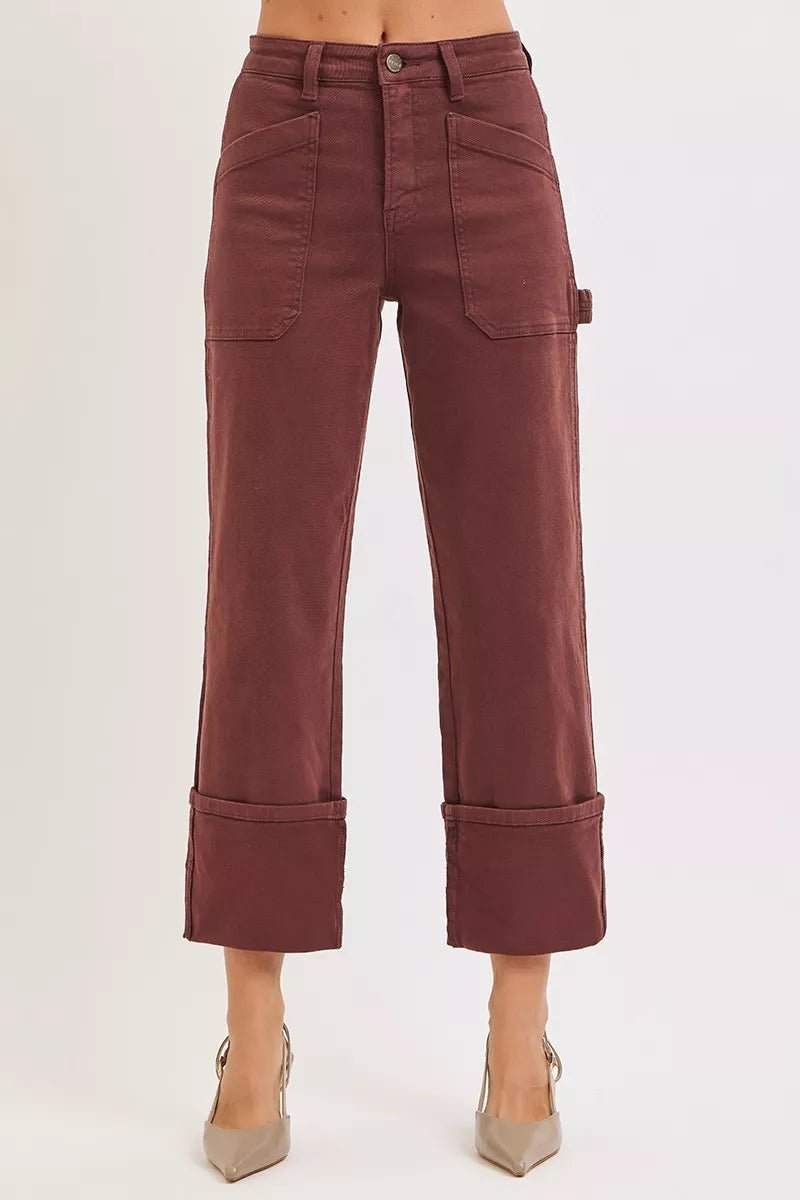 RISEN Full Size High Rise Wide Straight Cuffed Patch Jeans Plus Size - Robbi & Angel