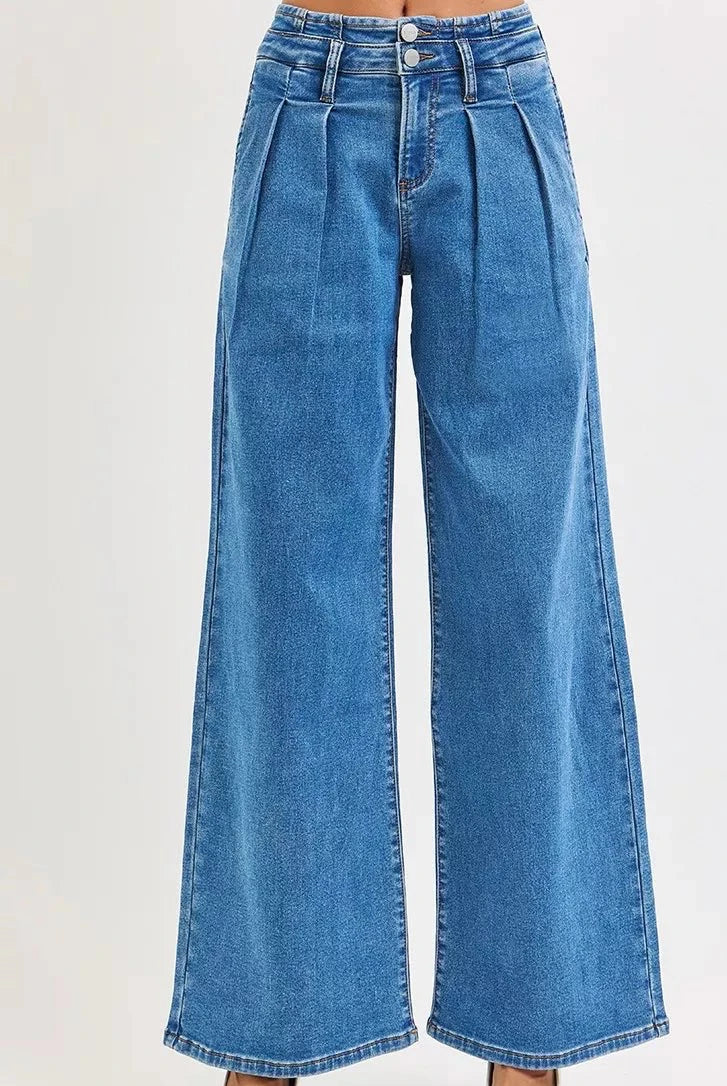RISEN Full Size Mid Rise Fit Wide Leg with Pleated Detail Jeans Plus Size - Robbi & Angel