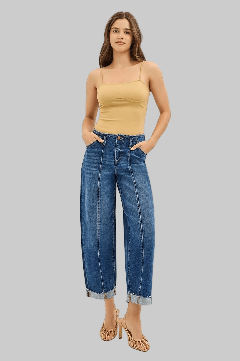 RISEN High Rise Fit Barrel Cuffed Jeans - Robbi & Angel