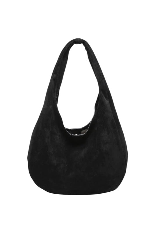 Faux suede slouchy round hobo bag worn by model