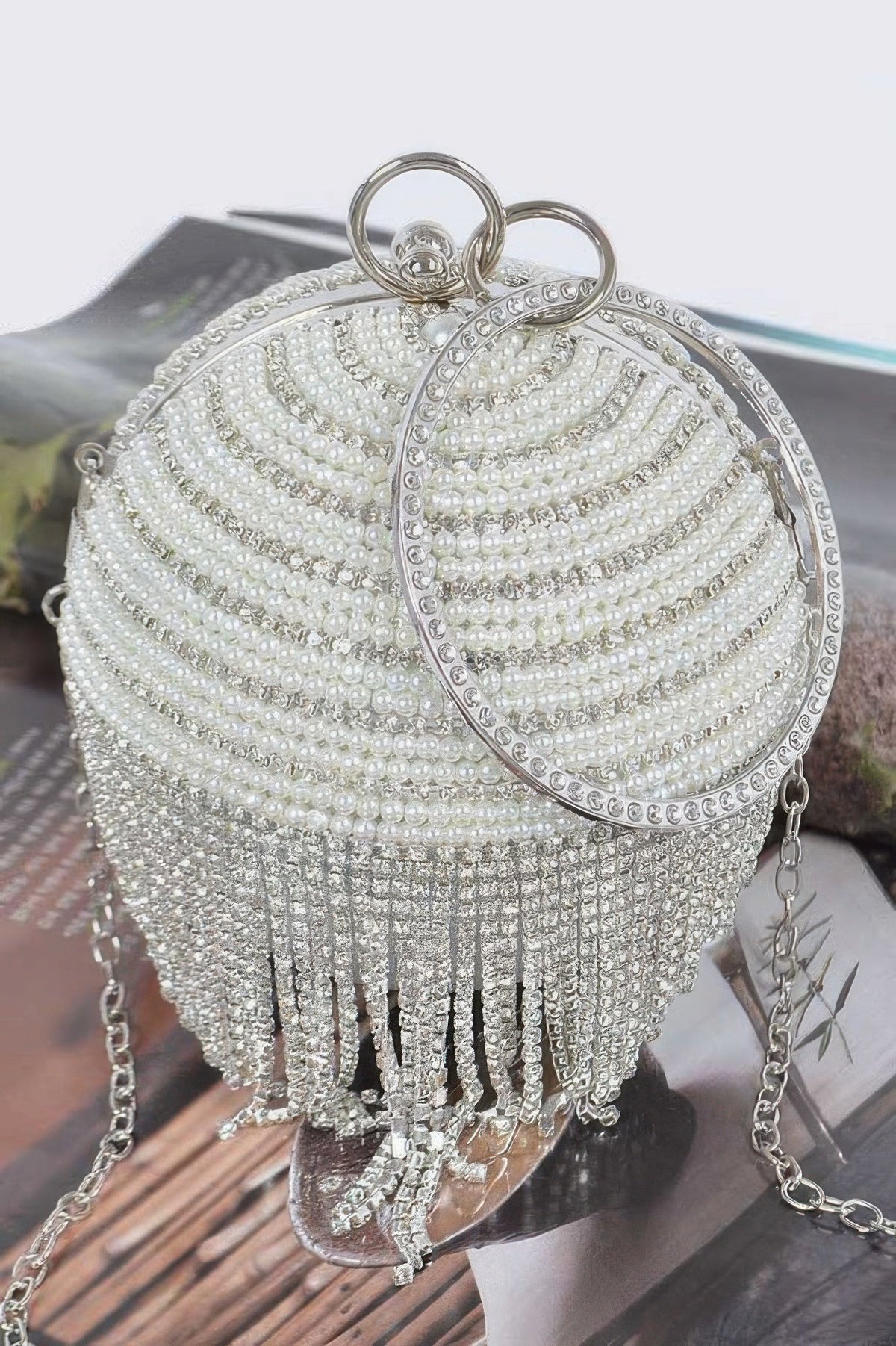 Round Rhinestone Fringe Bag W Faux Pearl - Robbi & Angel