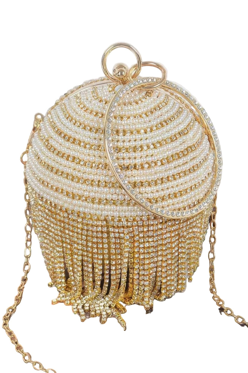 Round Rhinestone Fringe Bag W Faux Pearl - Robbi & Angel