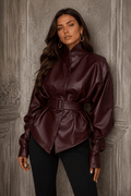 Sami Stand Collar Belted Faux Leather Jacket - Robbi & Angel