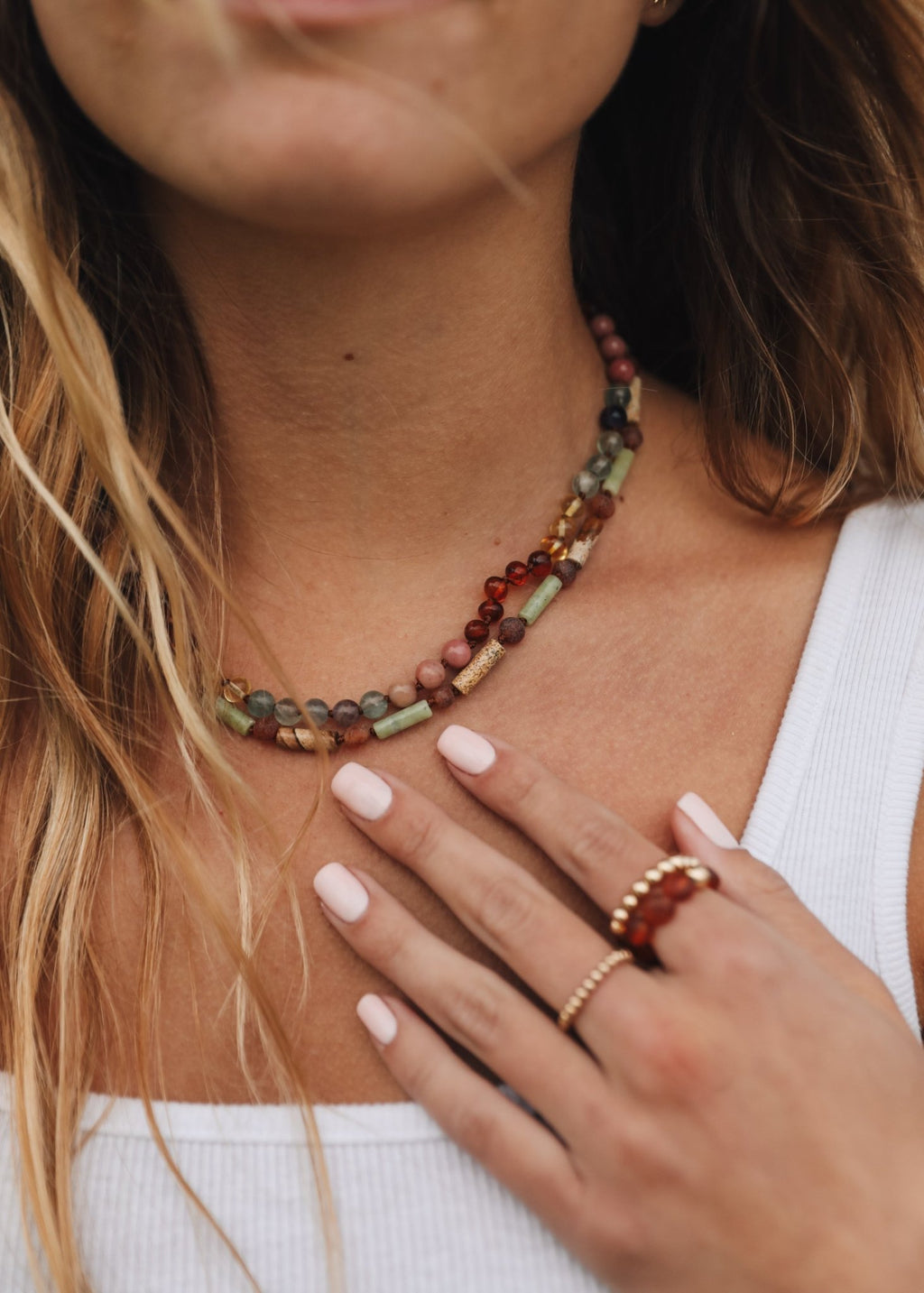 Sedona Raw Cognac Baltic Sea Amber + Green Jade + Striped Agate || Necklace - Robbi & Angel