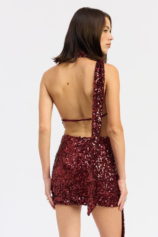 SEQUIN HALTER SCARF MINI DRESS - Robbi & Angel