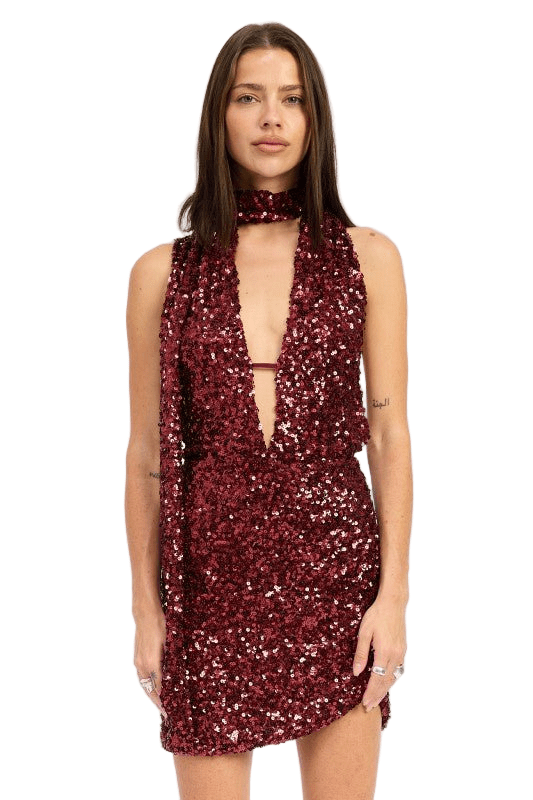 SEQUIN HALTER SCARF MINI DRESS - Robbi & Angel