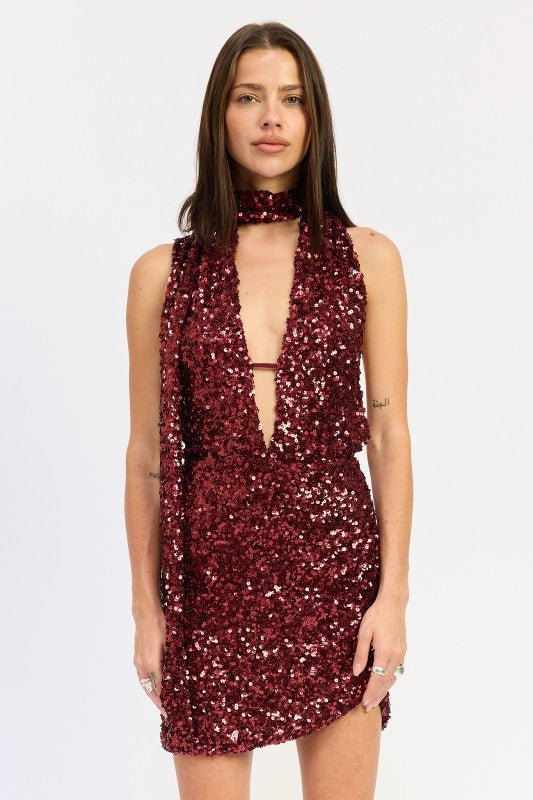 SEQUIN HALTER SCARF MINI DRESS - Robbi & Angel
