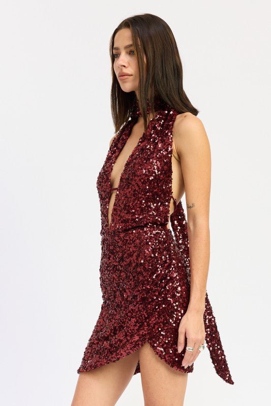 SEQUIN HALTER SCARF MINI DRESS - Robbi & Angel