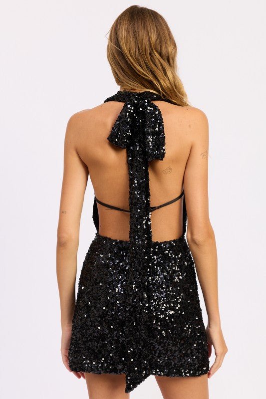 SEQUIN HALTER SCARF MINI DRESS - Robbi & Angel