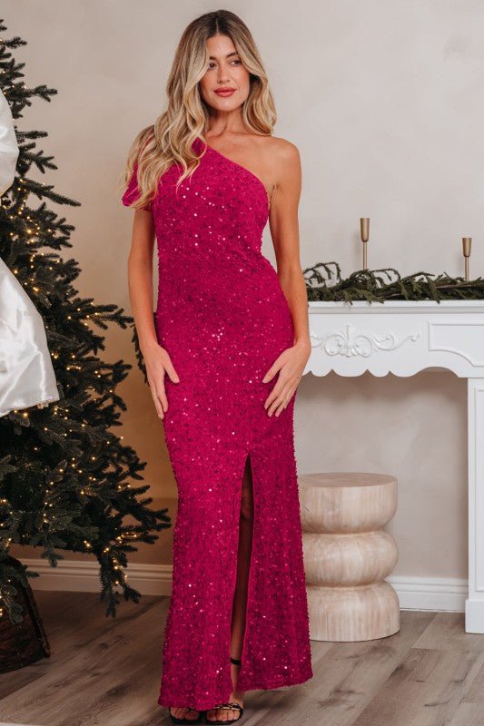Sequin One Shoulder Thigh High Split Bodycon Gown - Robbi & Angel