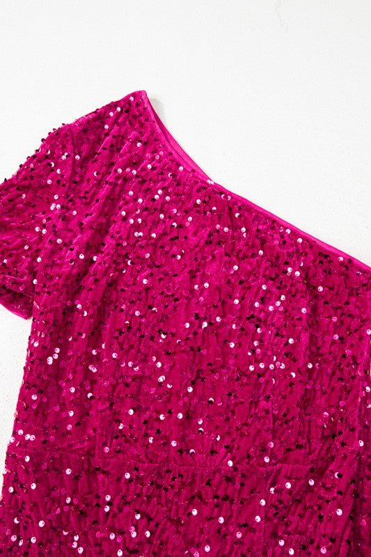 Sequin One Shoulder Thigh High Split Bodycon Gown - Robbi & Angel