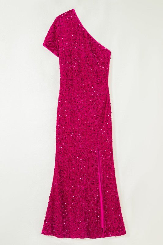 Sequin One Shoulder Thigh High Split Bodycon Gown - Robbi & Angel