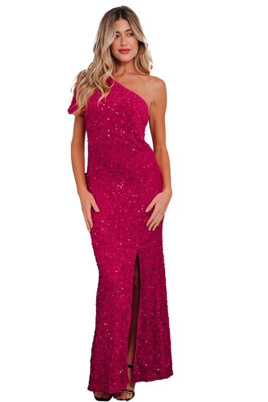 Sequin One Shoulder Thigh High Split Bodycon Gown - Robbi & Angel