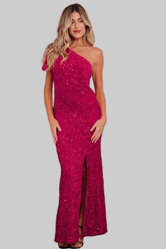 Sequin One Shoulder Thigh High Split Bodycon Gown - Robbi & Angel
