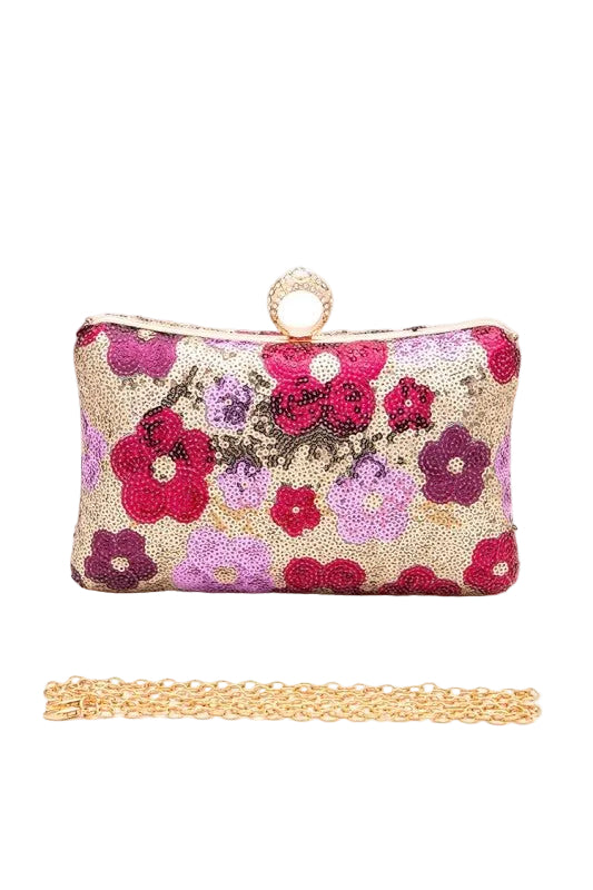 Floral sequin box clutch with colorful flower detailing and structured silhouette