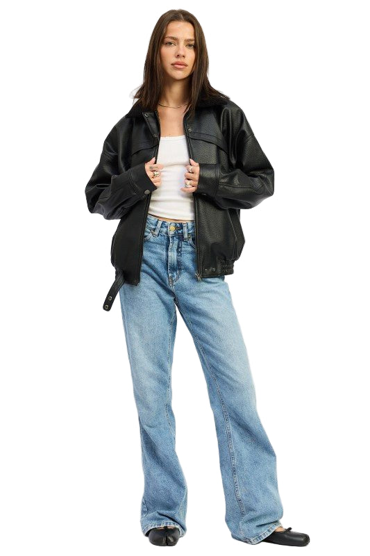 SHEARLING COLLAR VEGAN LEATHER JACKET - Robbi & Angel