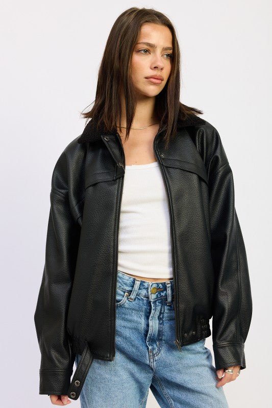 SHEARLING COLLAR VEGAN LEATHER JACKET - Robbi & Angel