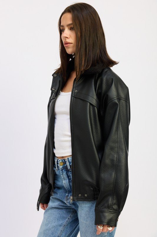 SHEARLING COLLAR VEGAN LEATHER JACKET - Robbi & Angel
