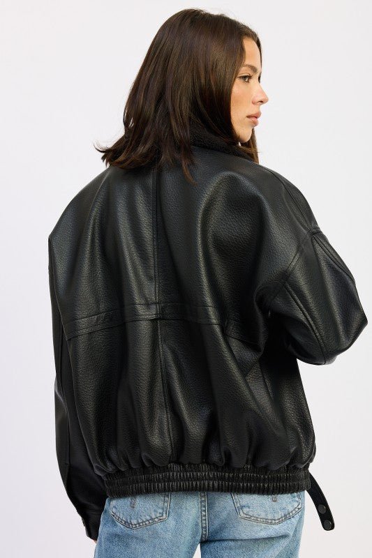 SHEARLING COLLAR VEGAN LEATHER JACKET - Robbi & Angel