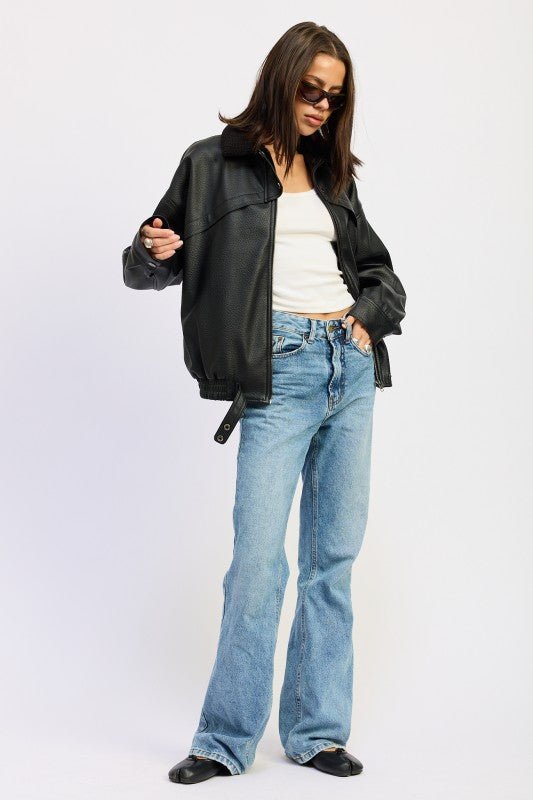 SHEARLING COLLAR VEGAN LEATHER JACKET - Robbi & Angel