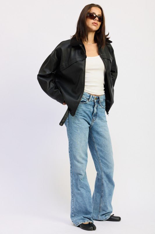 SHEARLING COLLAR VEGAN LEATHER JACKET - Robbi & Angel