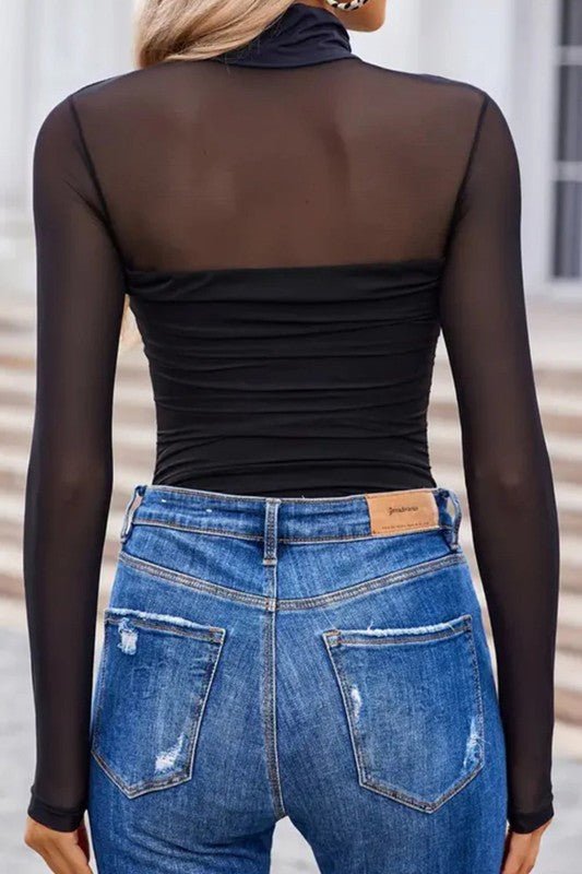 Sheer Mesh Patchwork High Neck Long Sleeve Top - Robbi & Angel